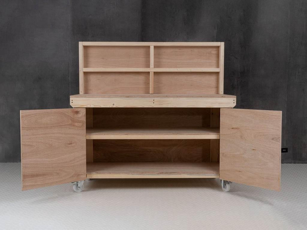 Wooden Eucalyptus hardwood workbench with lockable cupboard (V.9) with back panel, double shelf, wheels