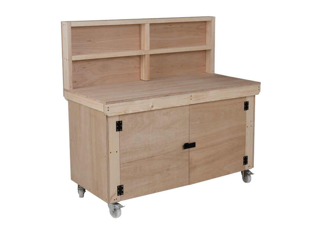 Wooden Eucalyptus hardwood workbench with lockable cupboard (V.9) with back panel, double shelf, wheels