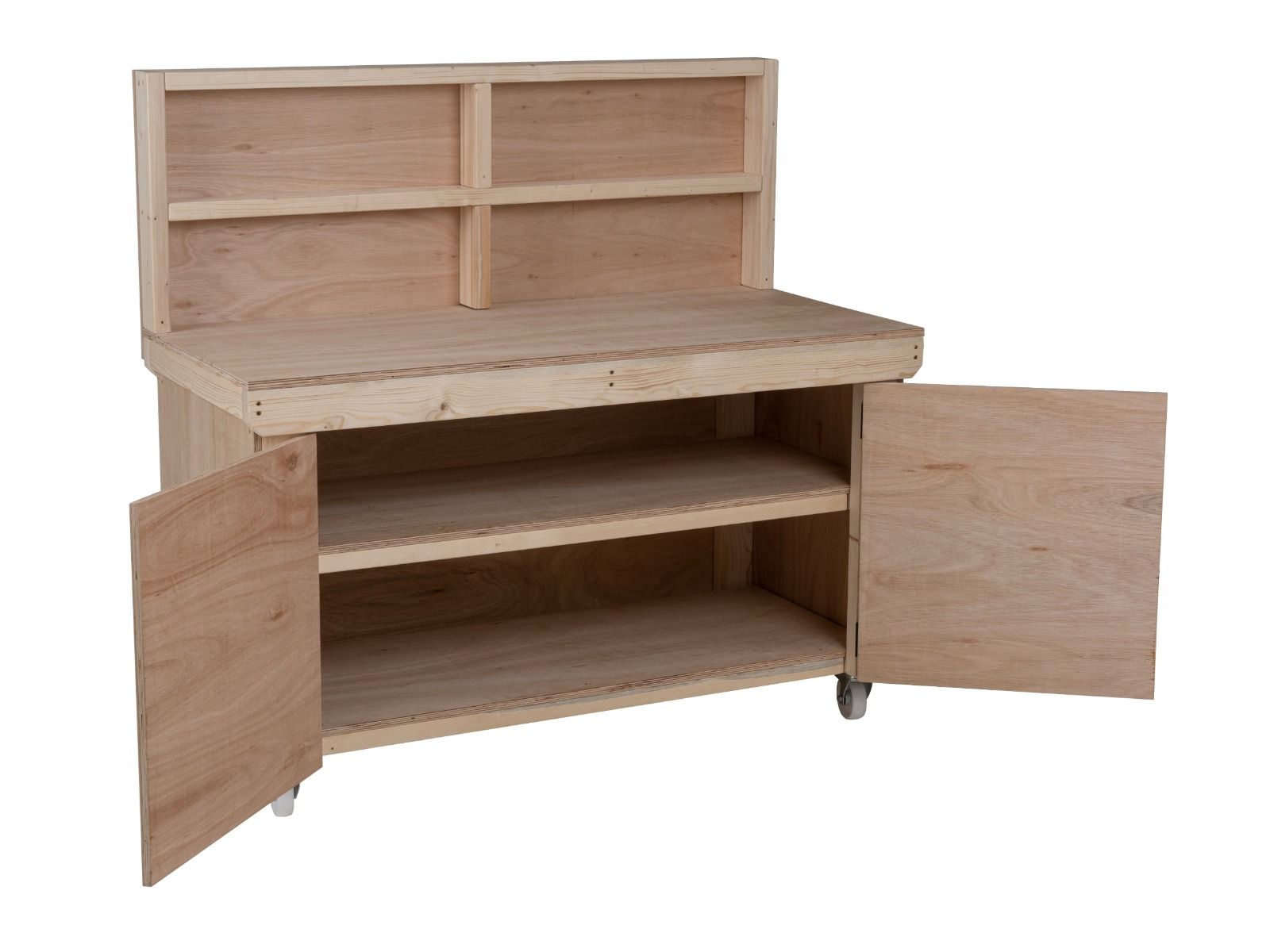 Wooden Eucalyptus hardwood workbench with lockable cupboard (V.9) with back panel, double shelf, wheels