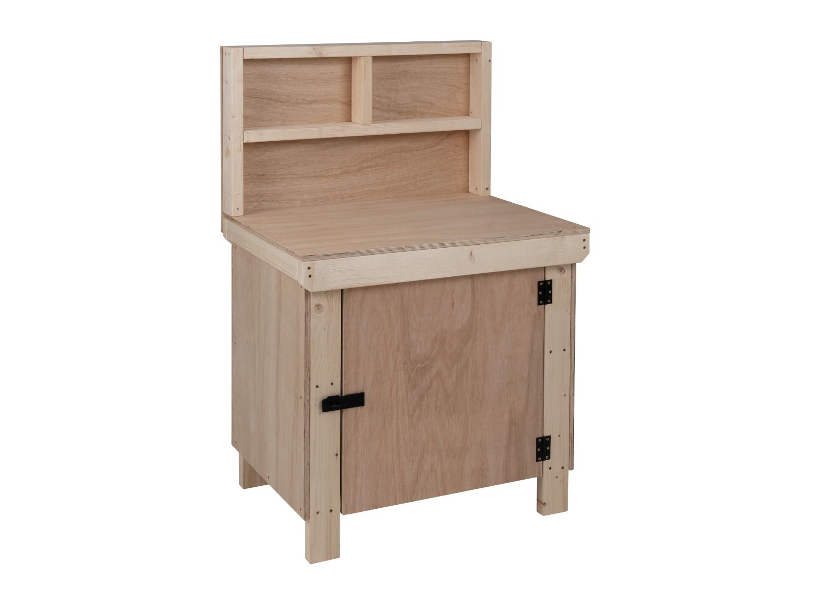 Wooden Eucalyptus hardwood top workbench with lockable cupboard (V.9) with back panel and double shelf