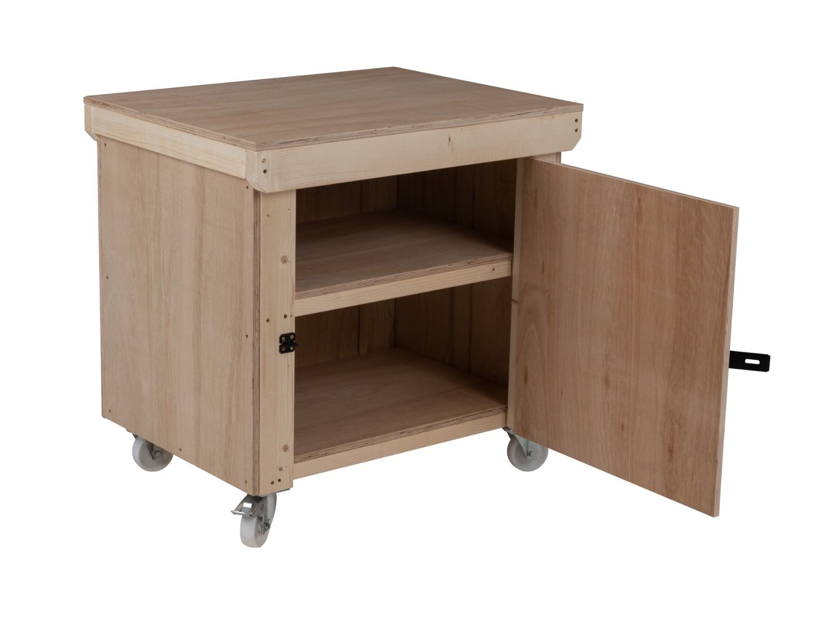 Wooden Eucalyptus hardwood top workbench with lockable cupboard (V.9) double shelf and wheels