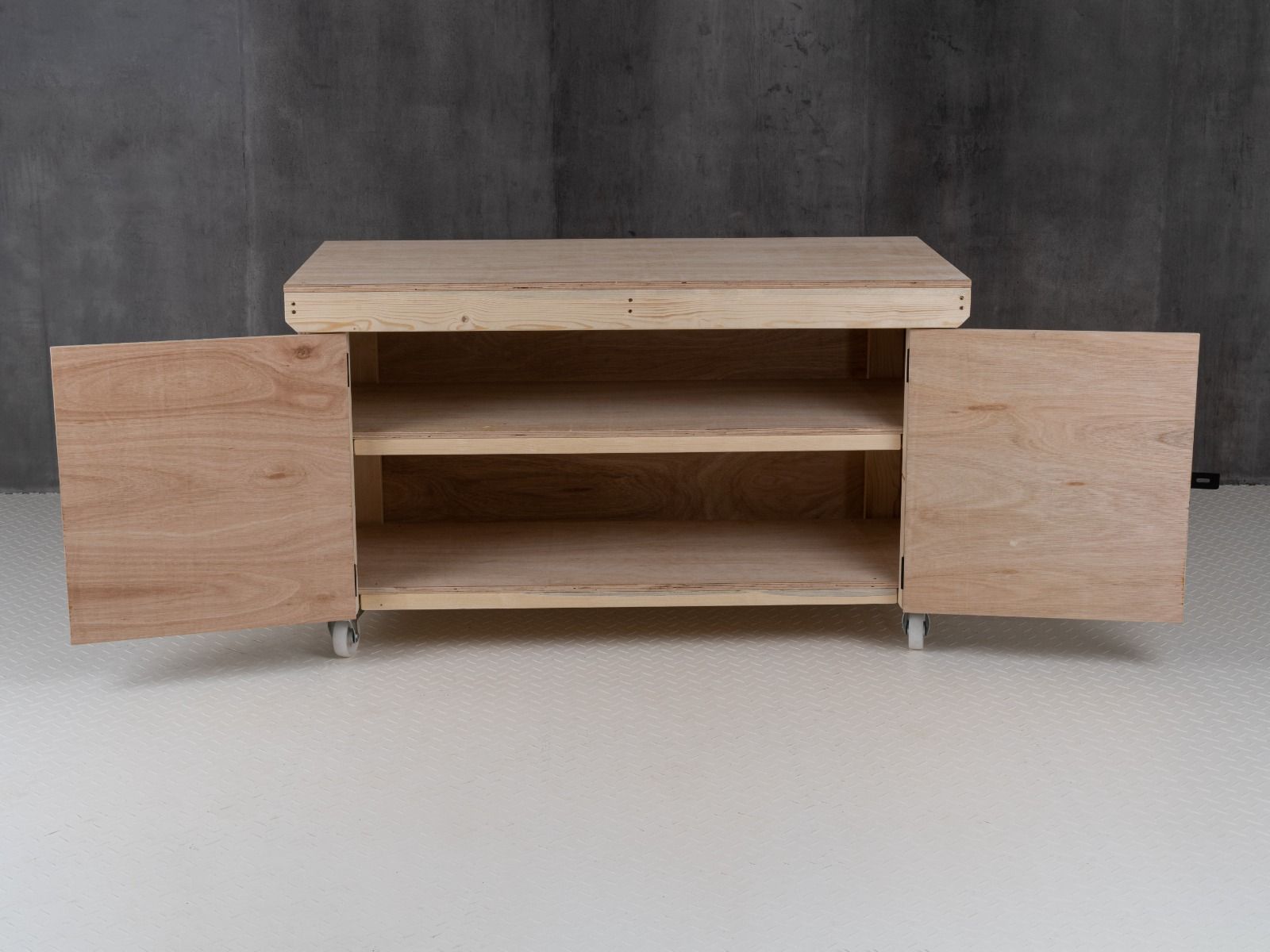 Wooden Eucalyptus hardwood top workbench with lockable cupboard (V.9) double shelf and wheels