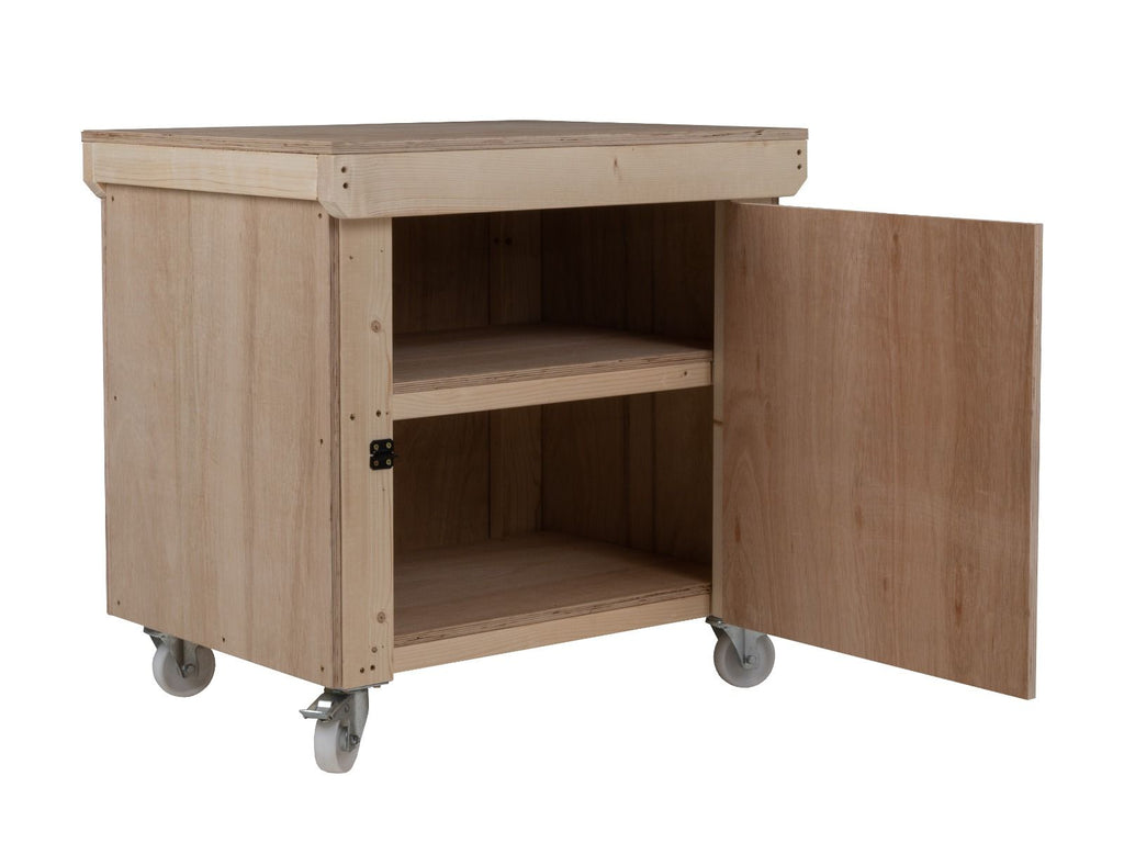 Wooden Eucalyptus hardwood top workbench with lockable cupboard (V.9) double shelf and wheels