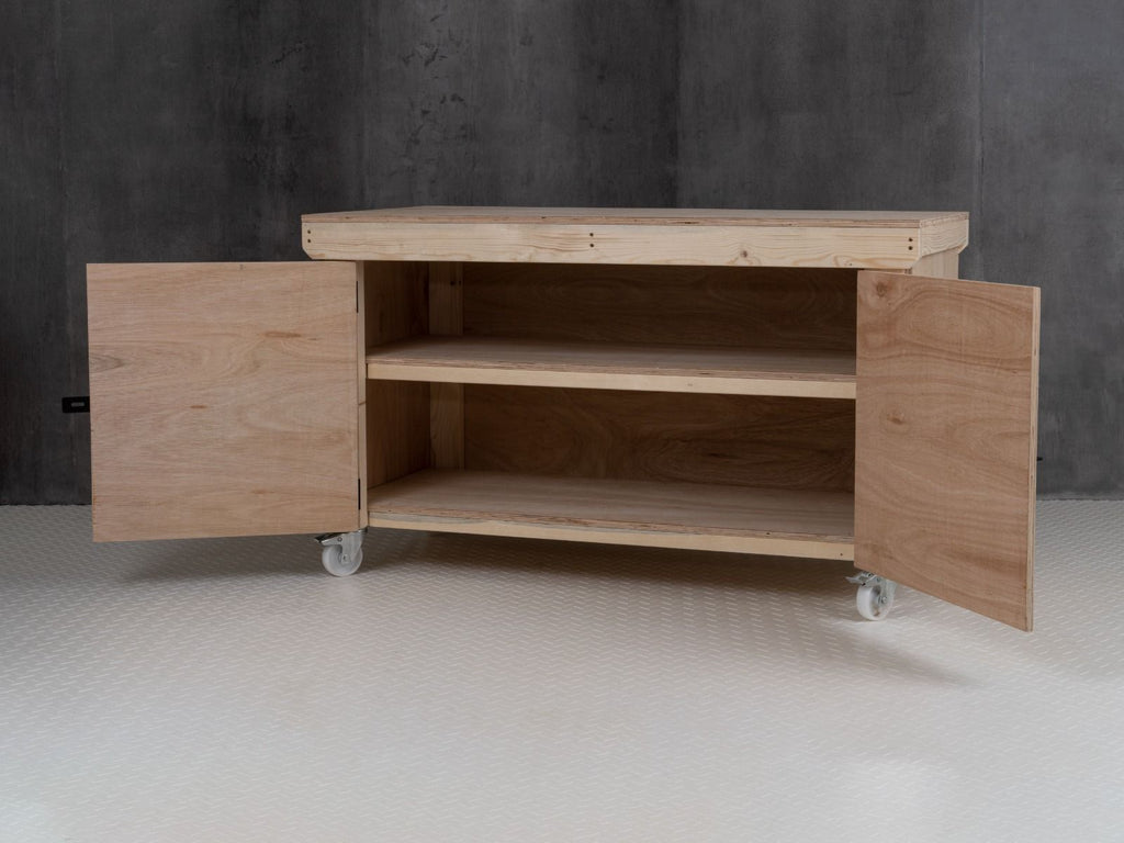 Wooden Eucalyptus hardwood top workbench with lockable cupboard (V.9) double shelf and wheels