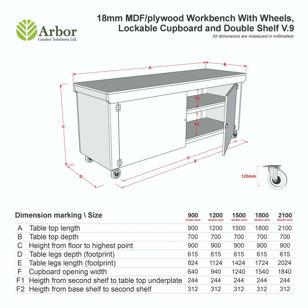 Wooden Eucalyptus hardwood top workbench with lockable cupboard (V.9) double shelf and wheels