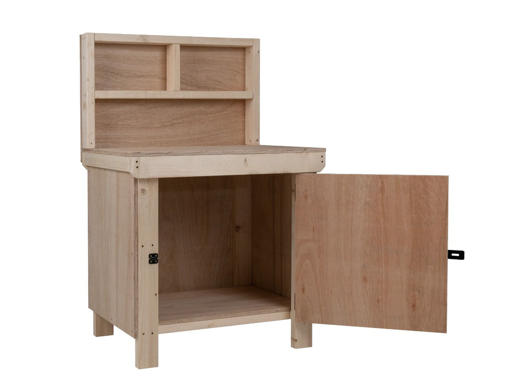 Wooden Eucalyptus hardwood top workbench with lockable cupboard (V.9) with back panel