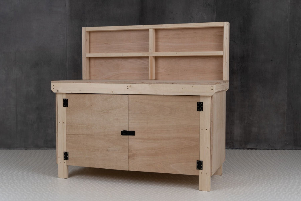 Wooden Eucalyptus hardwood top workbench with lockable cupboard (V.9) with back panel
