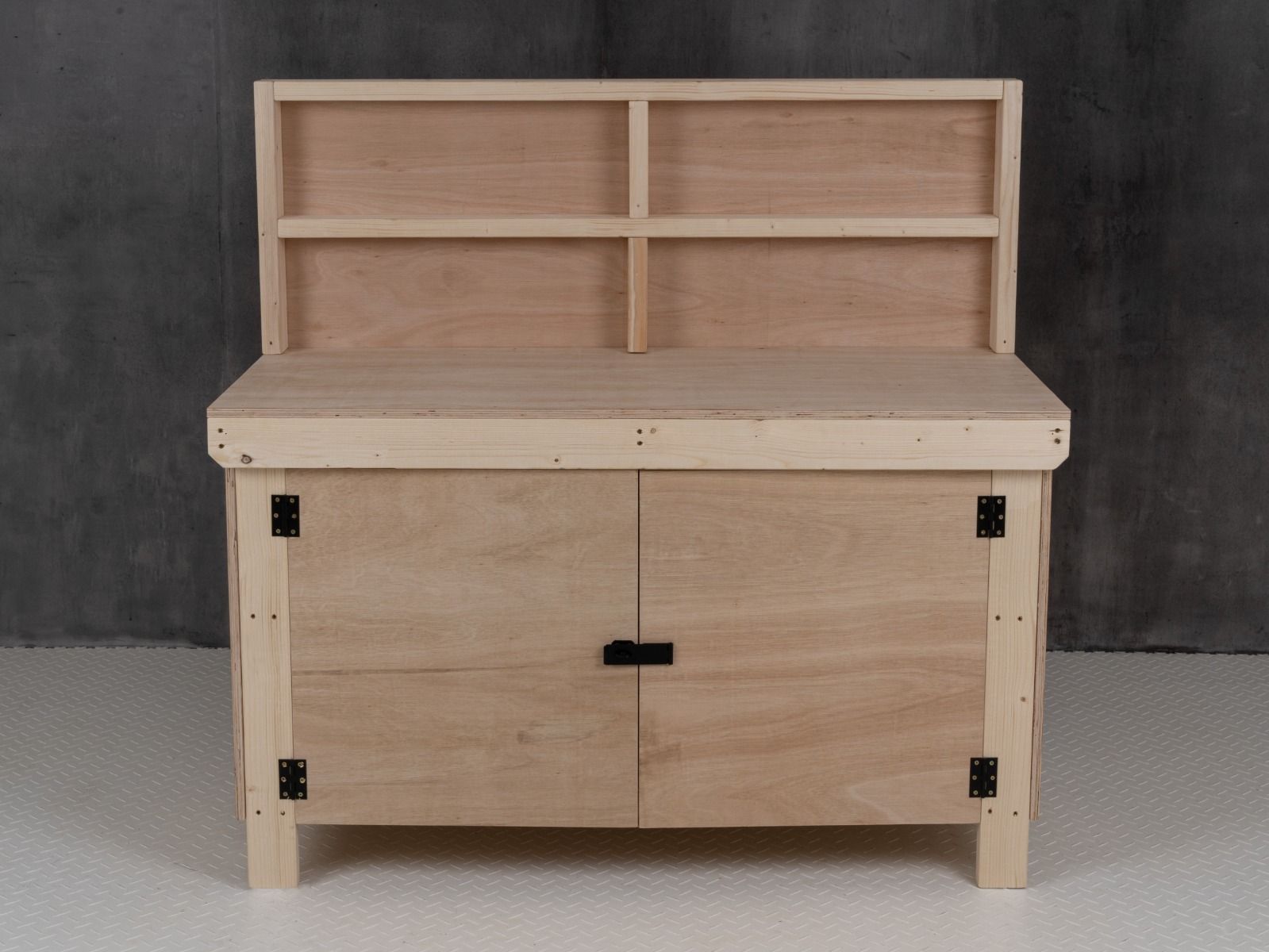 Wooden Eucalyptus hardwood top workbench with lockable cupboard (V.9) with back panel