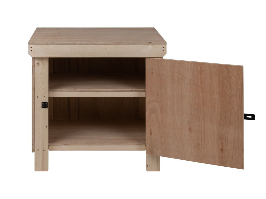 Wooden Eucalyptus hardwood top workbench with lockable cupboard (V.9) with double shelf