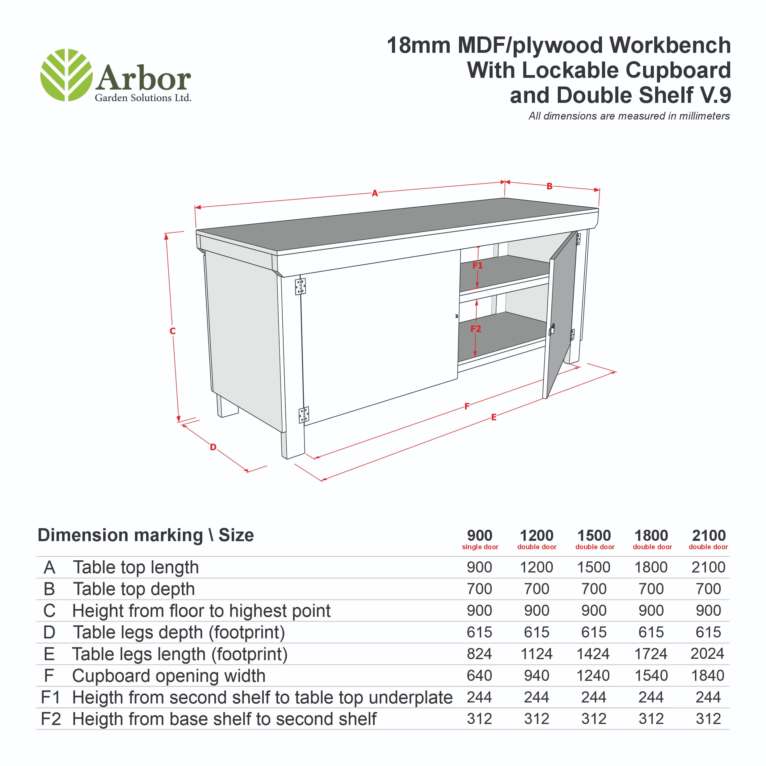 Wooden Eucalyptus hardwood top workbench with lockable cupboard (V.9) with double shelf