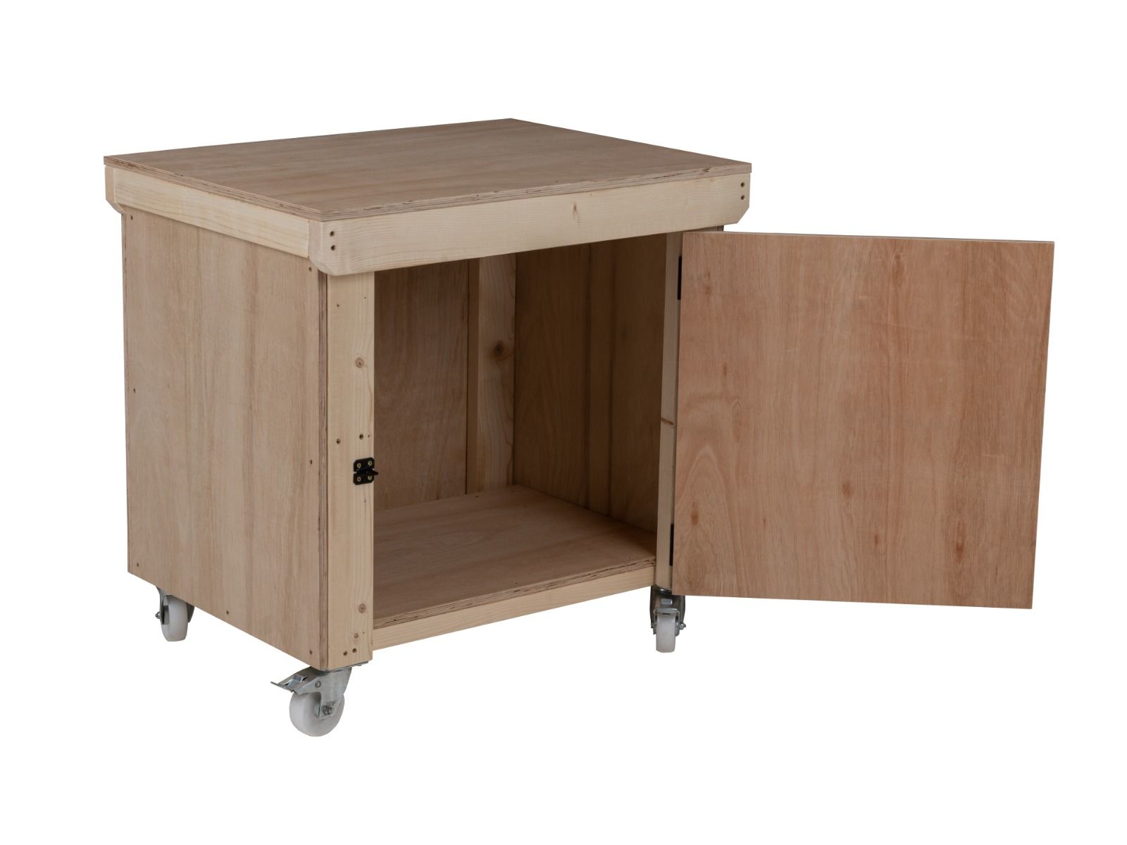 Wooden Eucalyptus hardwood top workbench with lockable cupboard (V.9) with wheels