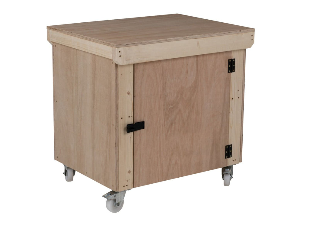 Wooden Eucalyptus hardwood top workbench with lockable cupboard (V.9) with wheels