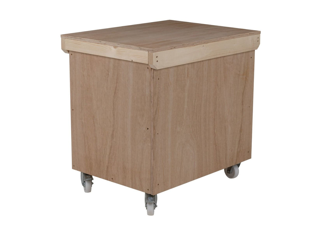 Wooden Eucalyptus hardwood top workbench with lockable cupboard (V.9) with wheels