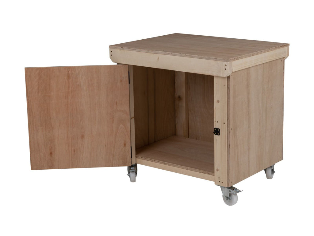 Wooden Eucalyptus hardwood top workbench with lockable cupboard (V.9) with wheels