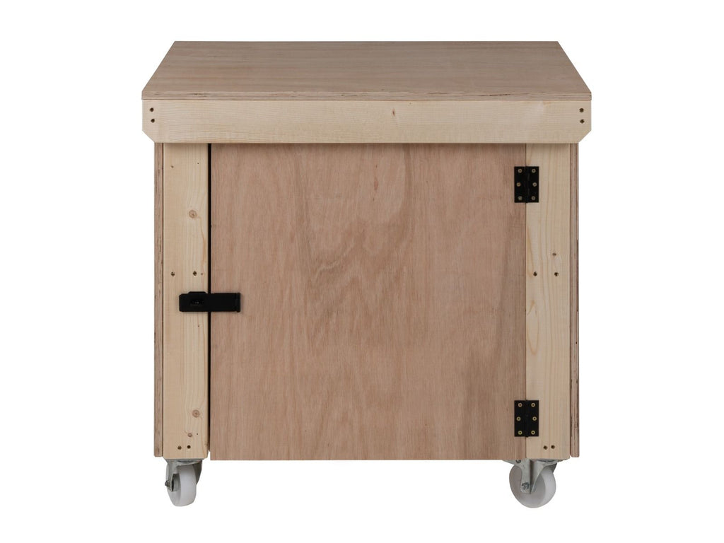 Wooden Eucalyptus hardwood top workbench with lockable cupboard (V.9) with wheels