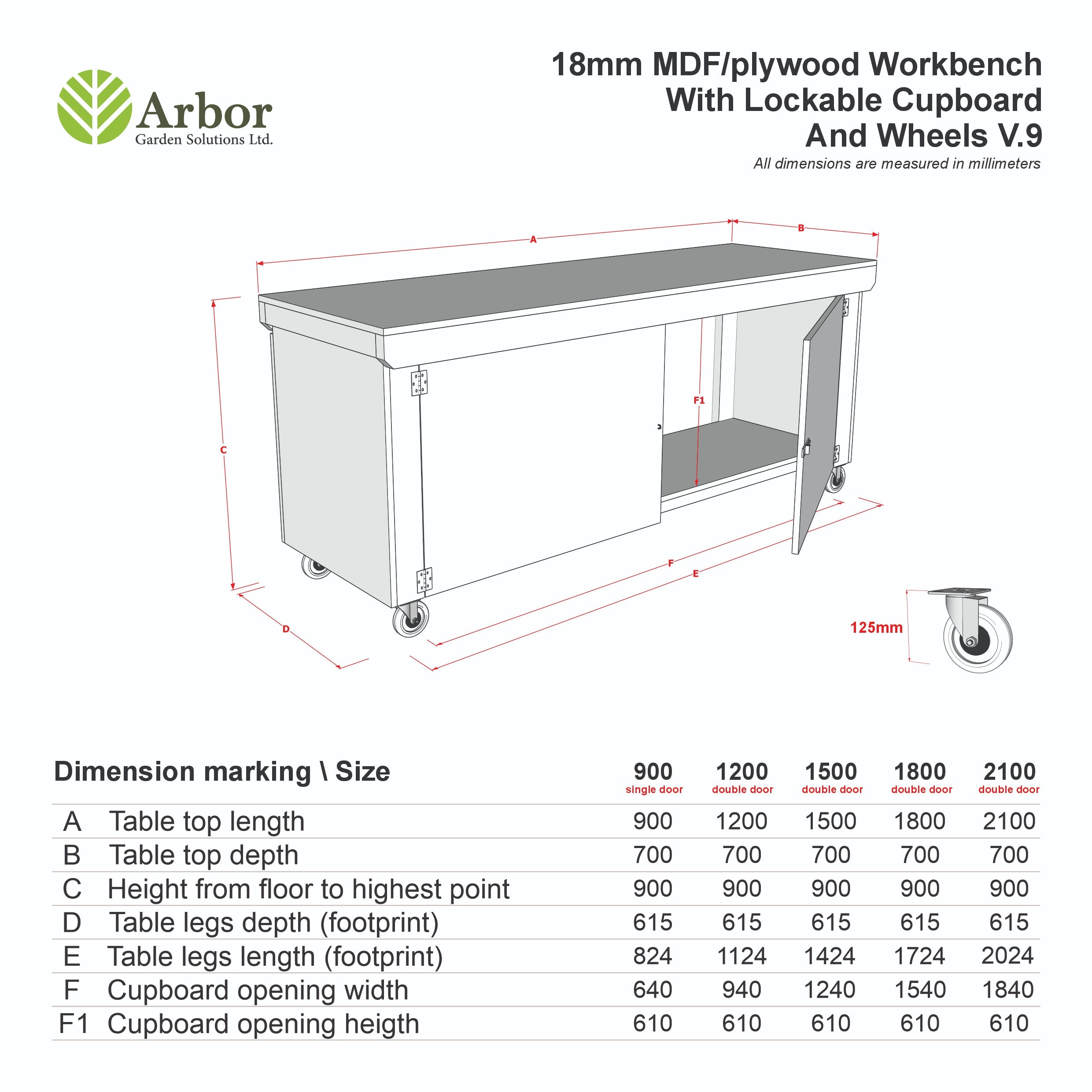 Wooden Eucalyptus hardwood top workbench with lockable cupboard (V.9) with wheels