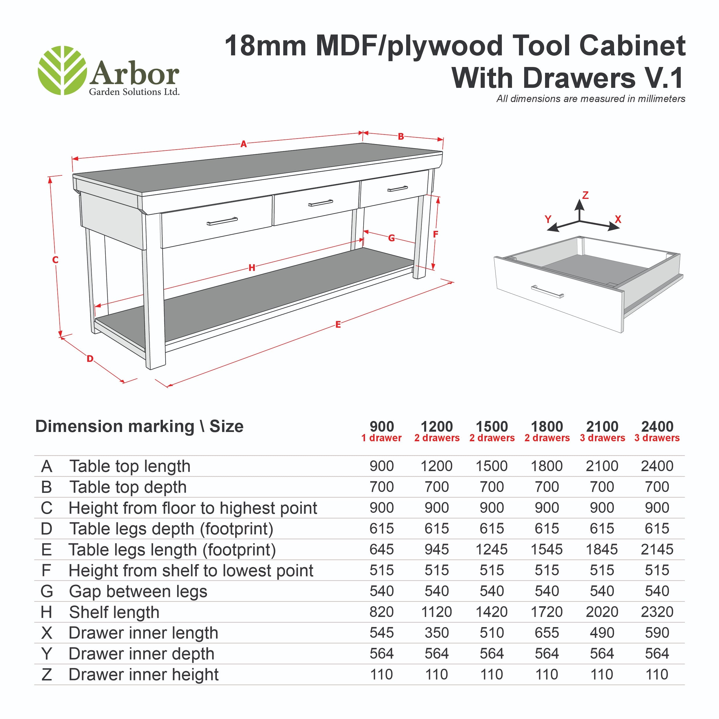 Wooden Eucalyptus hardwood workbench, tool cabinet with drawer (V.1)