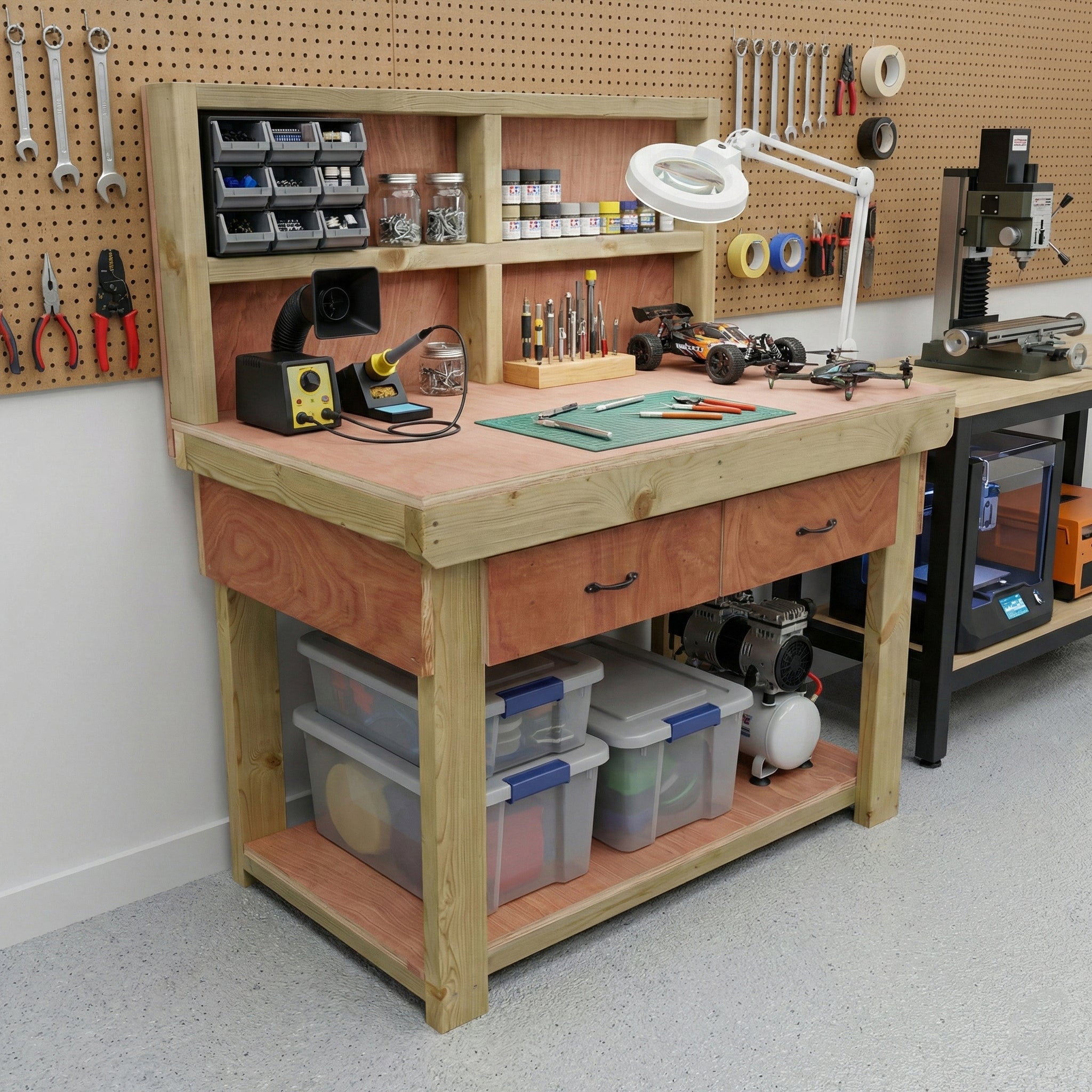 Wooden Eucalyptus hardwood workbench, tool cabinet with drawer (V.1) with back