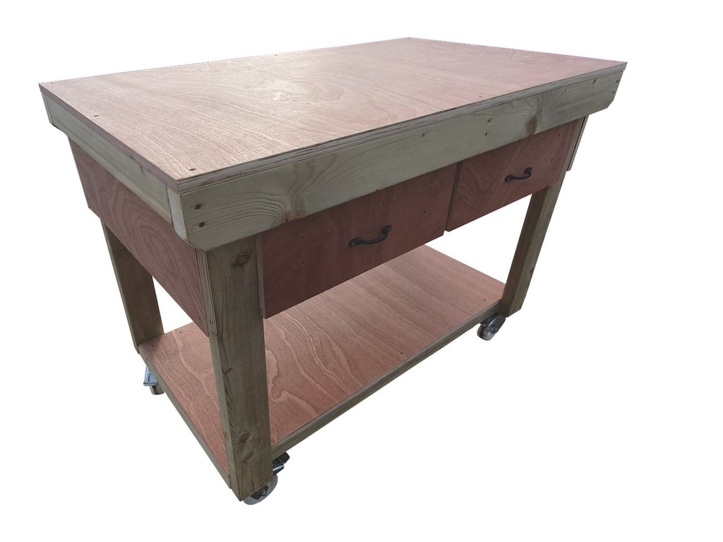 Wooden Eucalyptus hardwood workbench, tool cabinet with drawer (V.1) with wheels