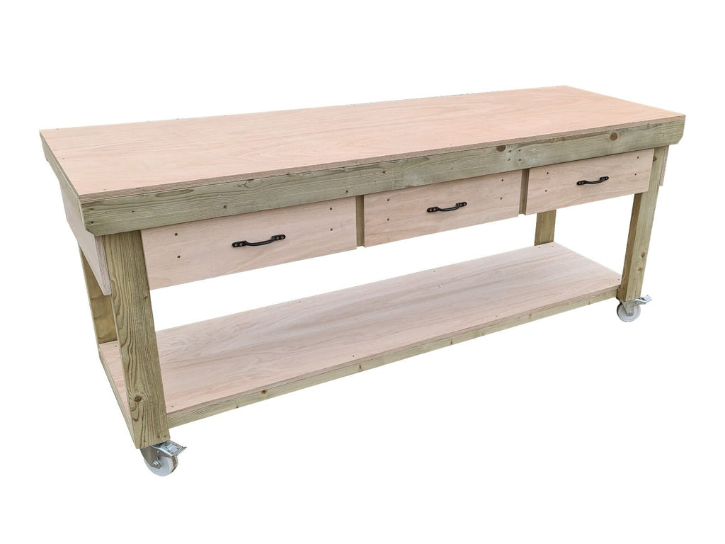 Wooden Eucalyptus hardwood workbench, tool cabinet with drawer (V.1) with wheels