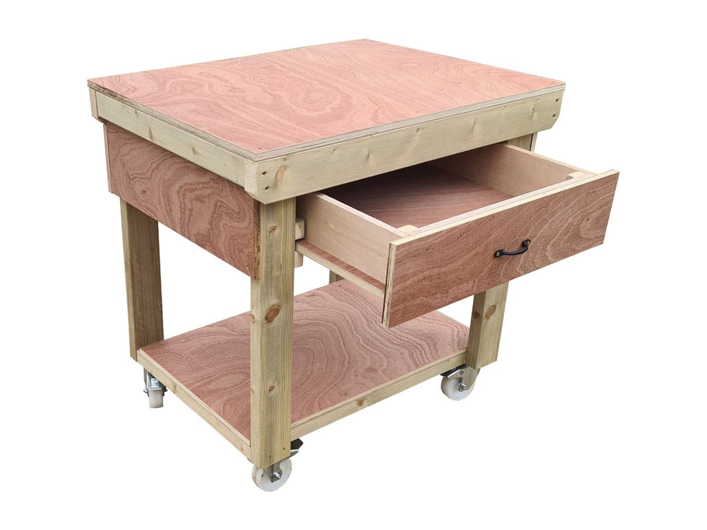 Wooden Eucalyptus hardwood workbench, tool cabinet with drawer (V.1) with wheels