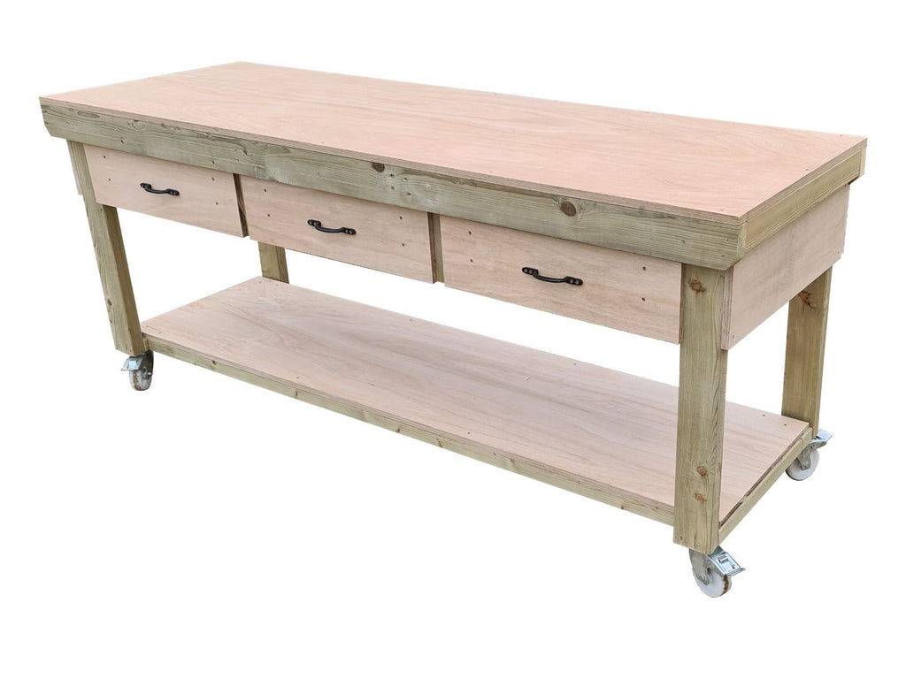 Wooden Eucalyptus hardwood workbench, tool cabinet with drawer (V.1) with wheels
