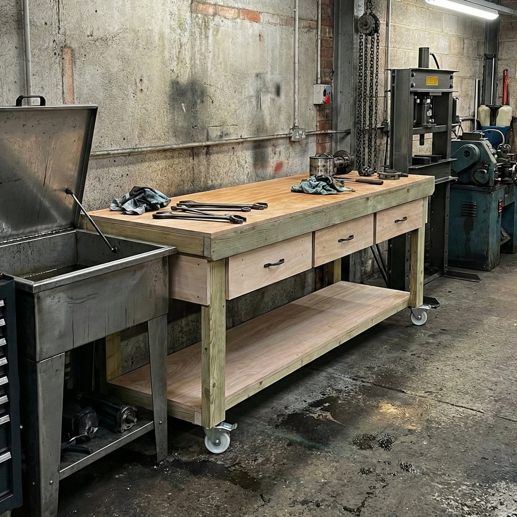 Wooden Eucalyptus hardwood workbench, tool cabinet with drawer (V.1) with wheels