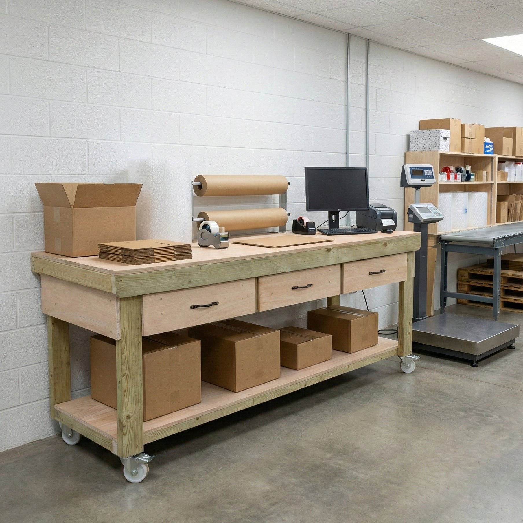 Wooden Eucalyptus hardwood workbench, tool cabinet with drawer (V.1) with wheels