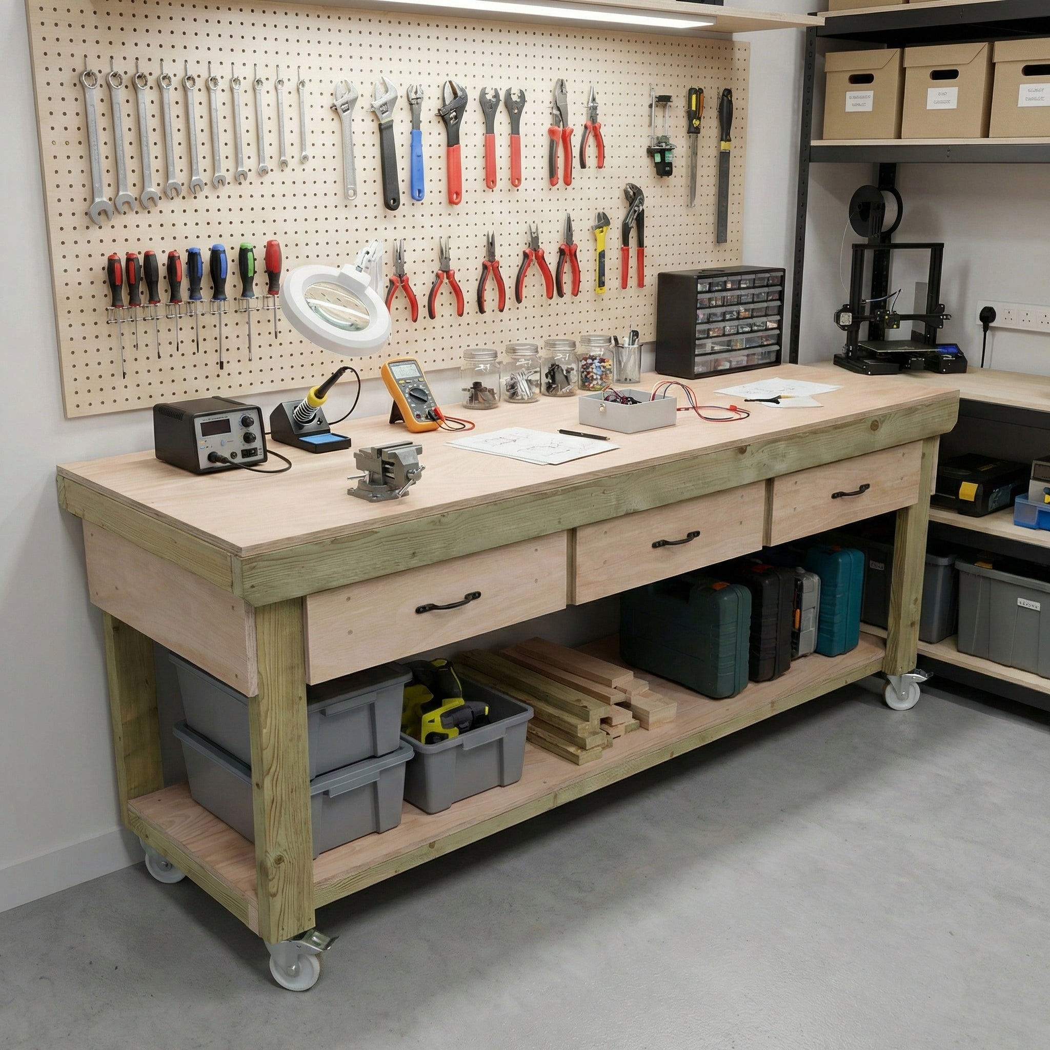 Wooden Eucalyptus hardwood workbench, tool cabinet with drawer (V.1) with wheels