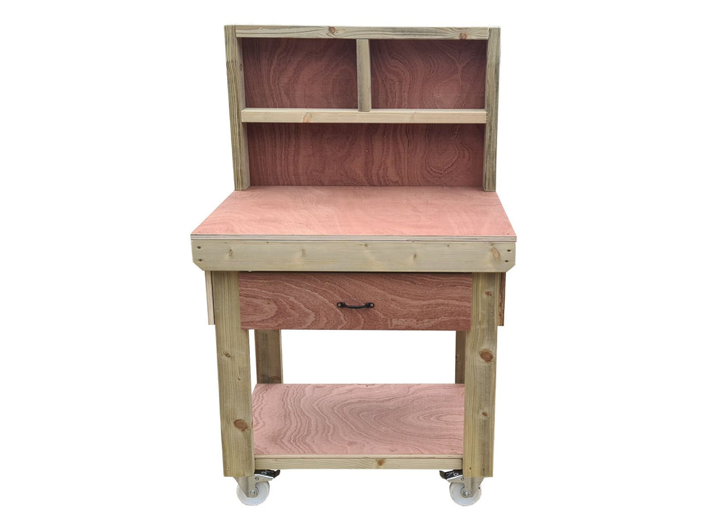 Wooden Eucalyptus hardwood workbench, tool cabinet with drawer (V.1) with back and wheels