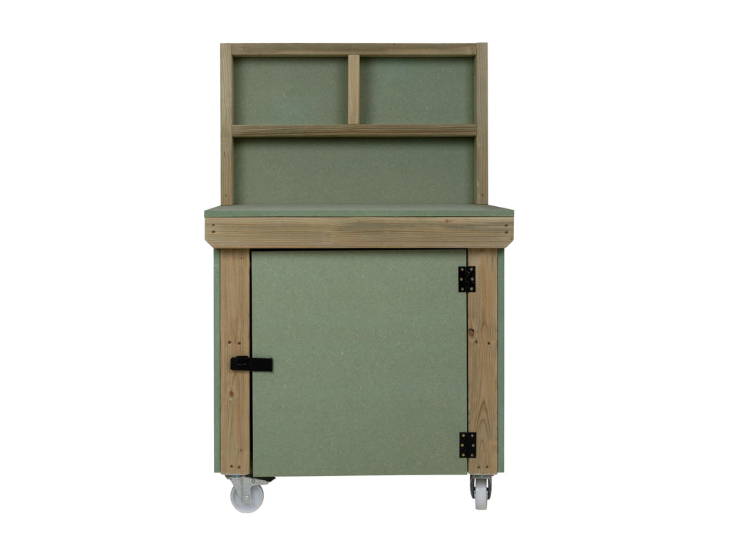 Wooden UniMDF Moisture Resistant Workbench With Lockable Cupboard (V.9) With Back panel, Wheels