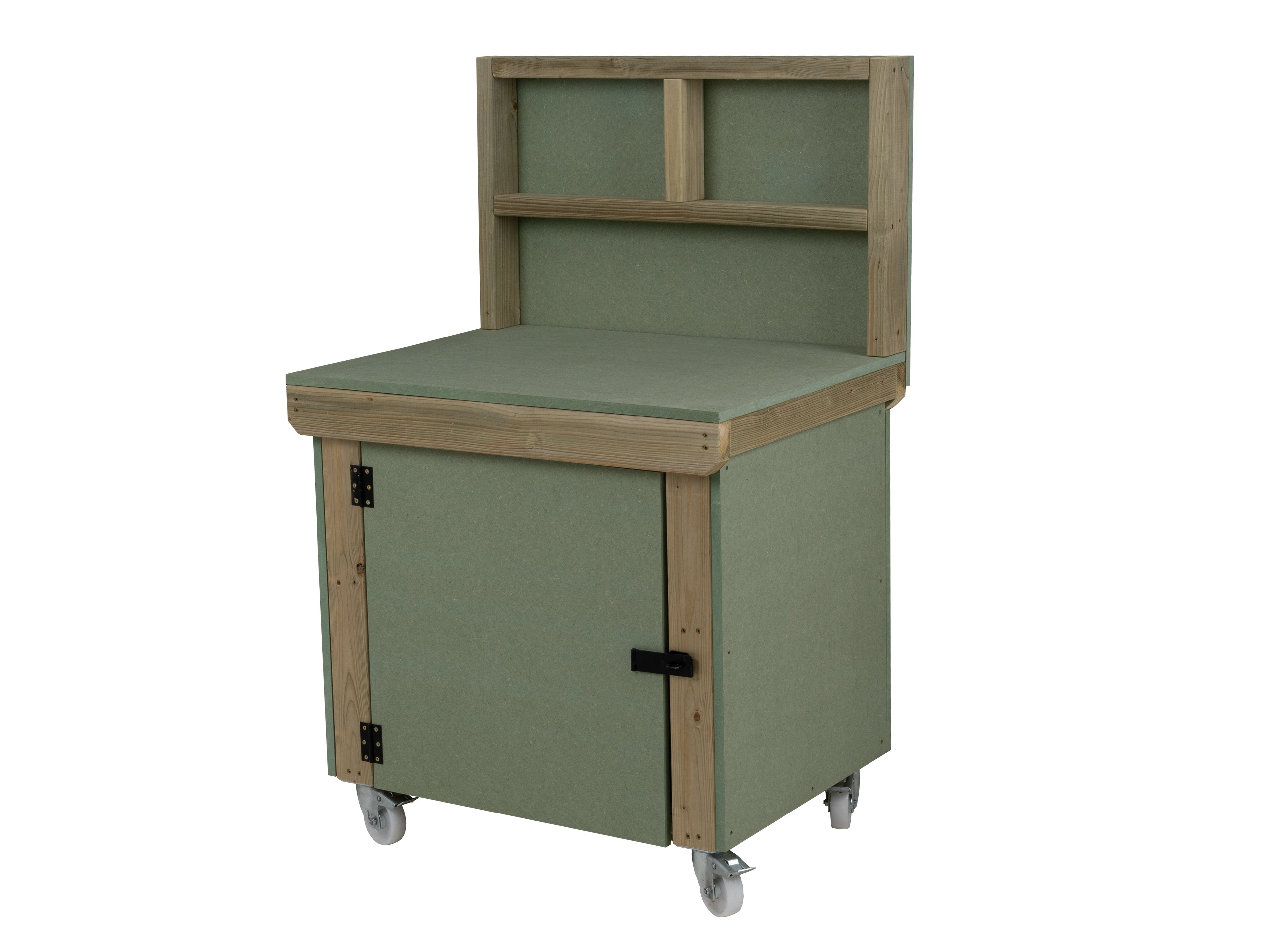 Wooden UniMDF Moisture Resistant Workbench With Lockable Cupboard (V.9) With Back panel, Wheels