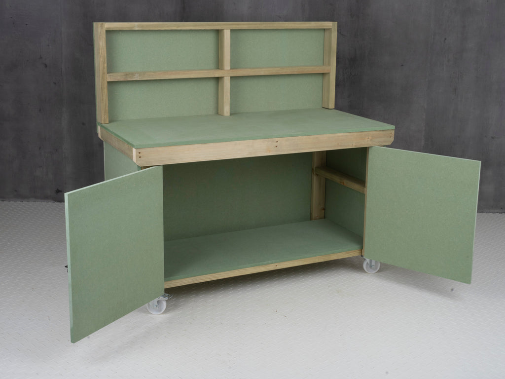 Wooden UniMDF Moisture Resistant Workbench With Lockable Cupboard (V.9) With Back panel, Wheels