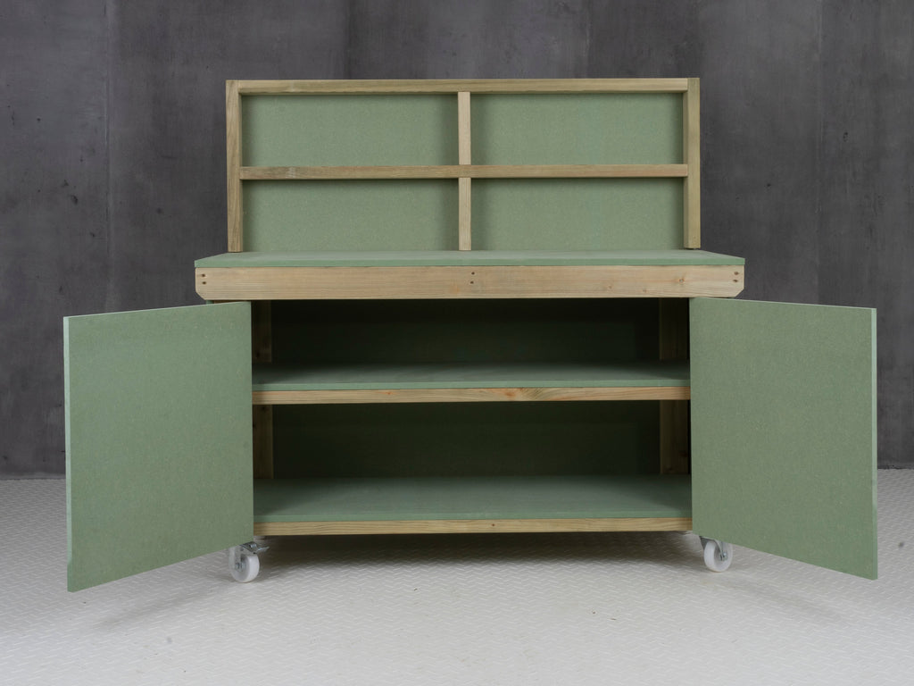Wooden UniMDF Moisture Resistant Workbench With Lockable Cupboard (V.9) With Back panel, Wheels, Double shelf