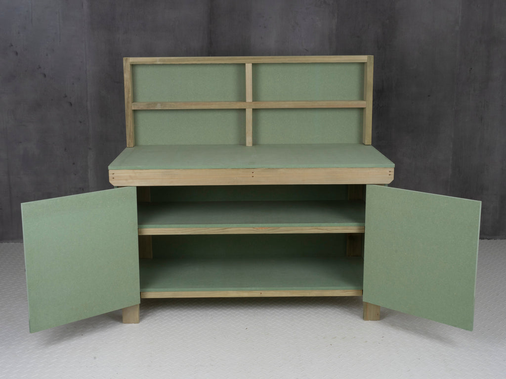 Wooden UniMDF Moisture Resistant Workbench With Lockable Cupboard (V.9) With Back panel, Double shelf