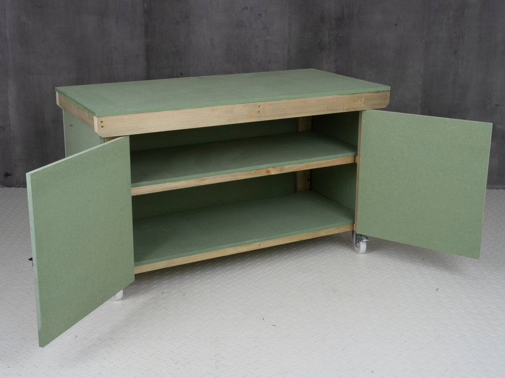 Wooden UniMDF Moisture Resistant Workbench With Lockable Cupboard (V.9) With Wheels, Double Shelf