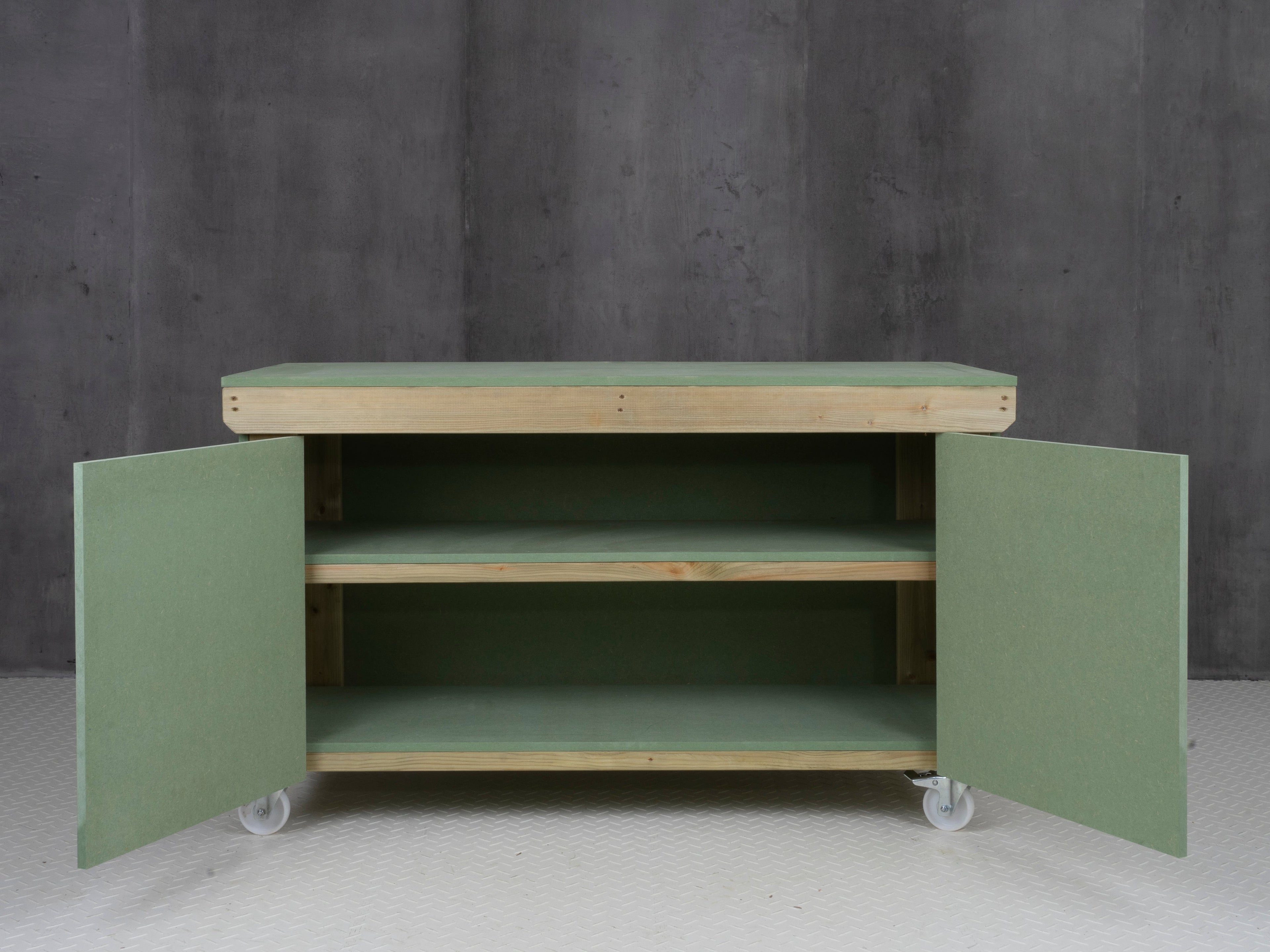 Wooden UniMDF Moisture Resistant Workbench With Lockable Cupboard (V.9) With Wheels, Double Shelf