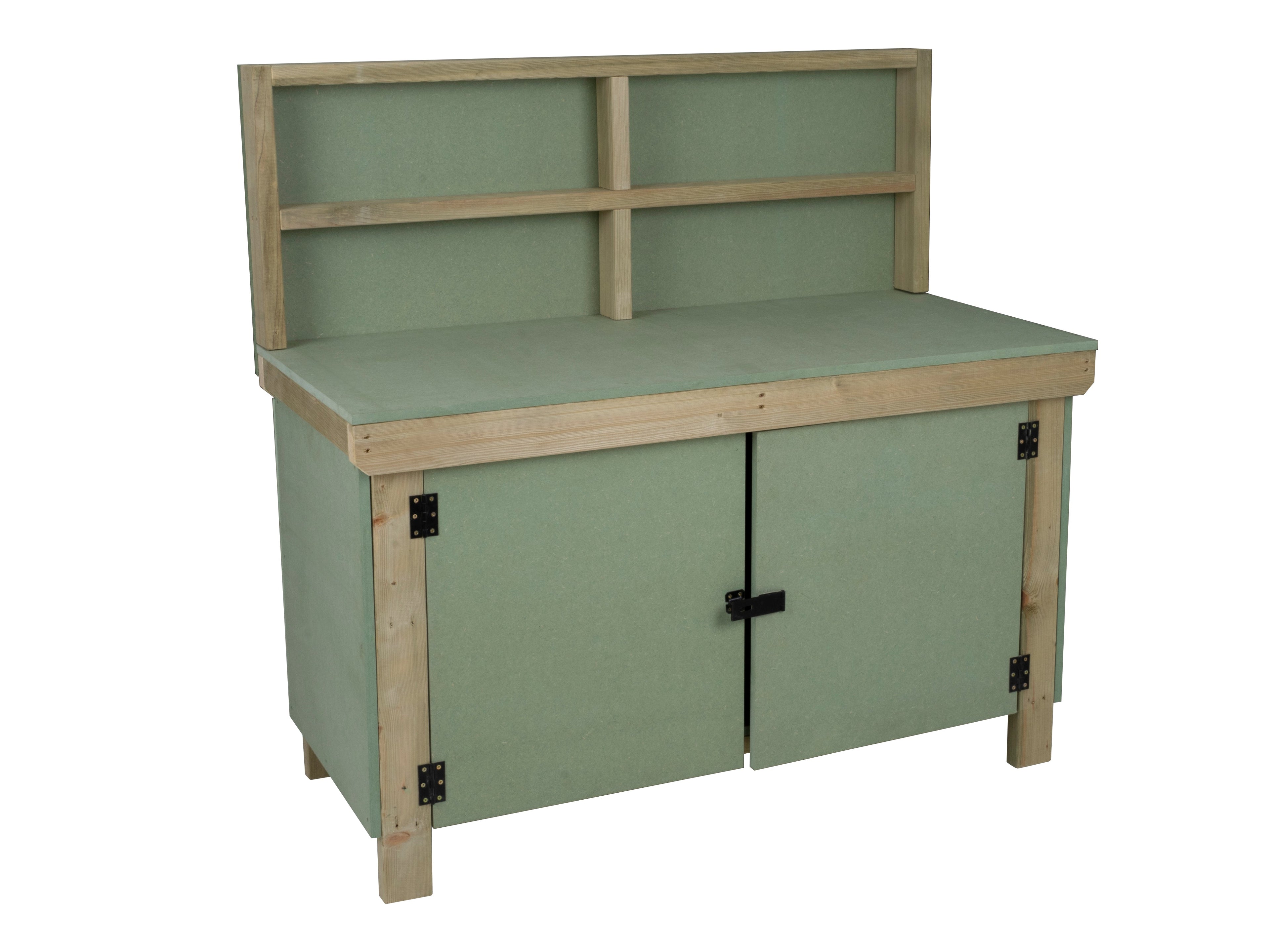 Wooden UniMDF Moisture Resistant Workbench With Lockable Cupboard (V.9) With Back panel, Double shelf