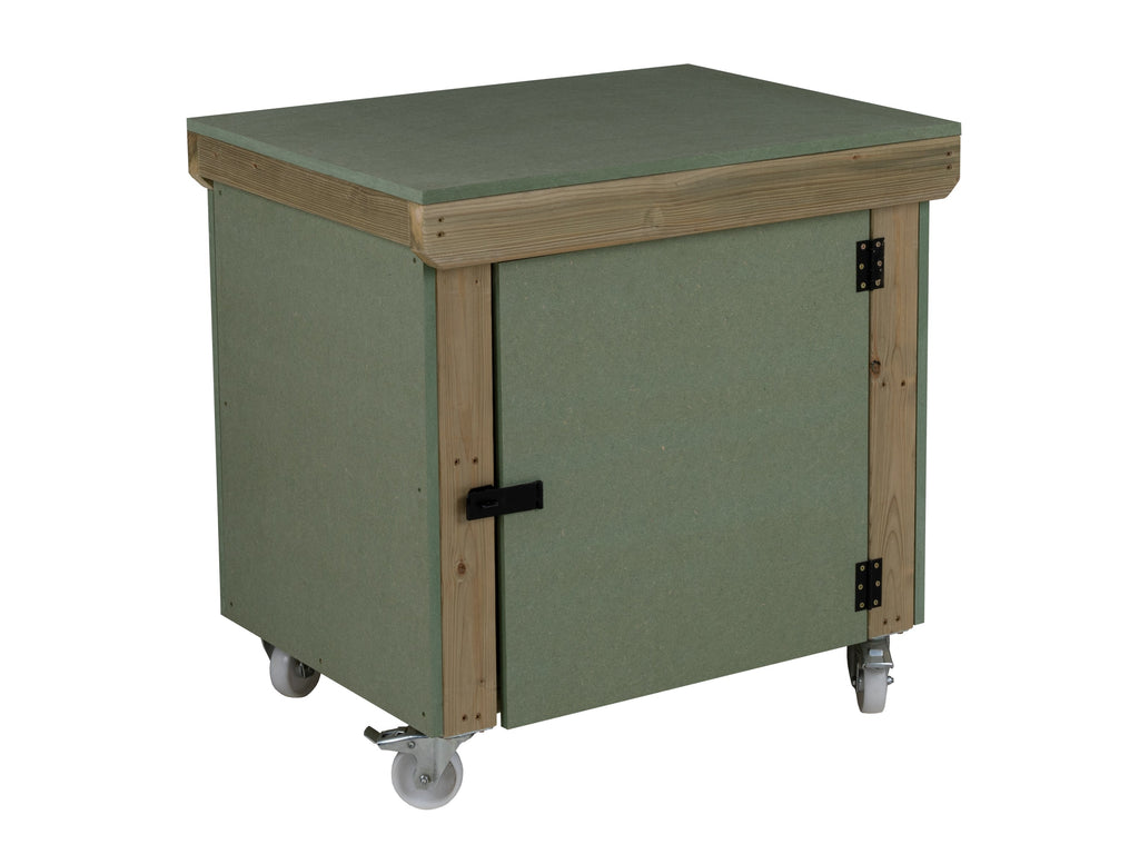 Wooden UniMDF Moisture Resistant Workbench With Lockable Cupboard (V.9) With Wheels, Double Shelf