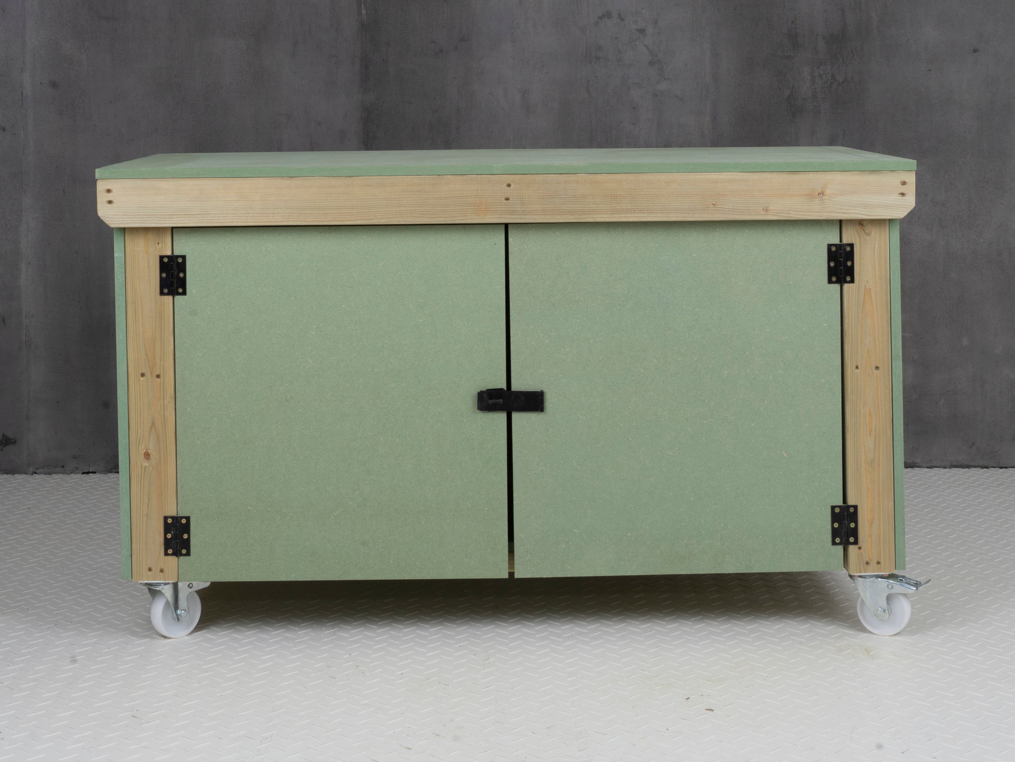 Wooden UniMDF Moisture Resistant Workbench With Lockable Cupboard (V.9) With Wheels