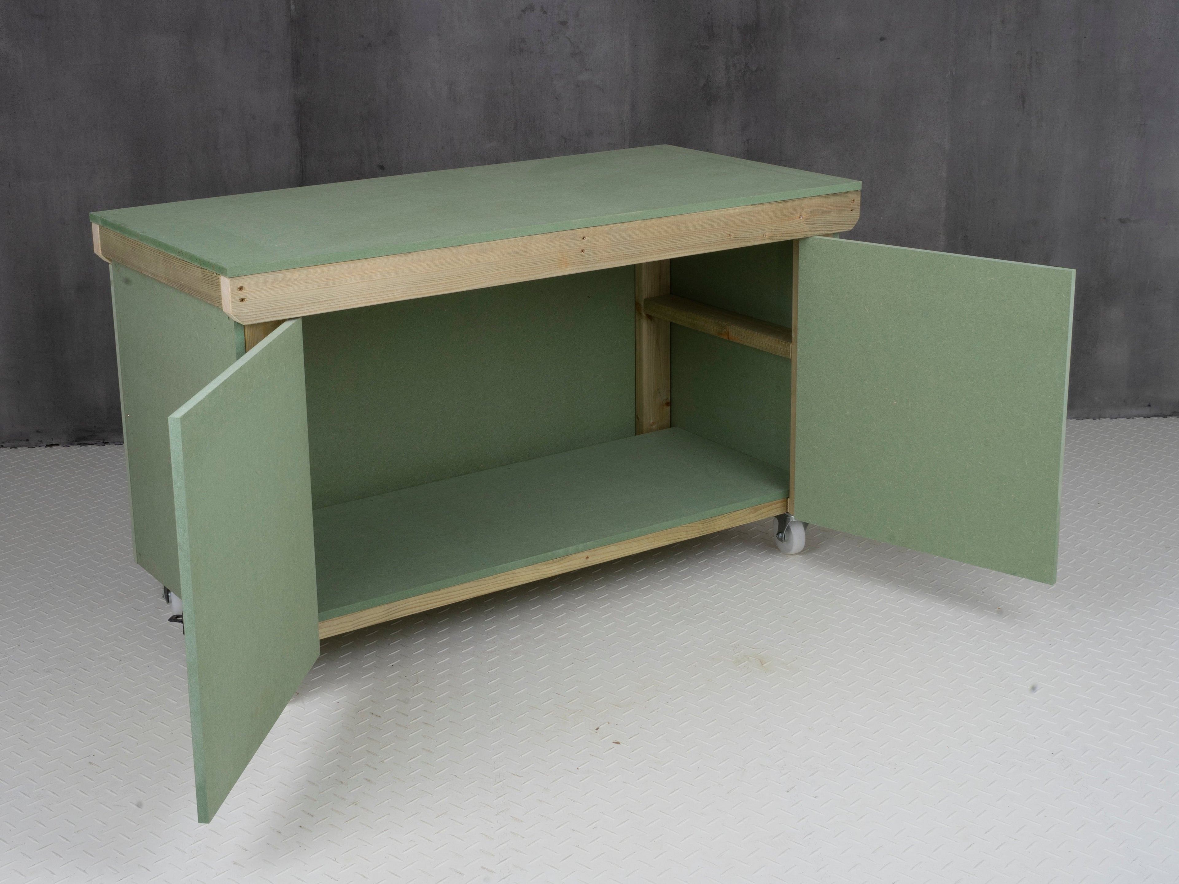 Wooden UniMDF Moisture Resistant Workbench With Lockable Cupboard (V.9) With Wheels