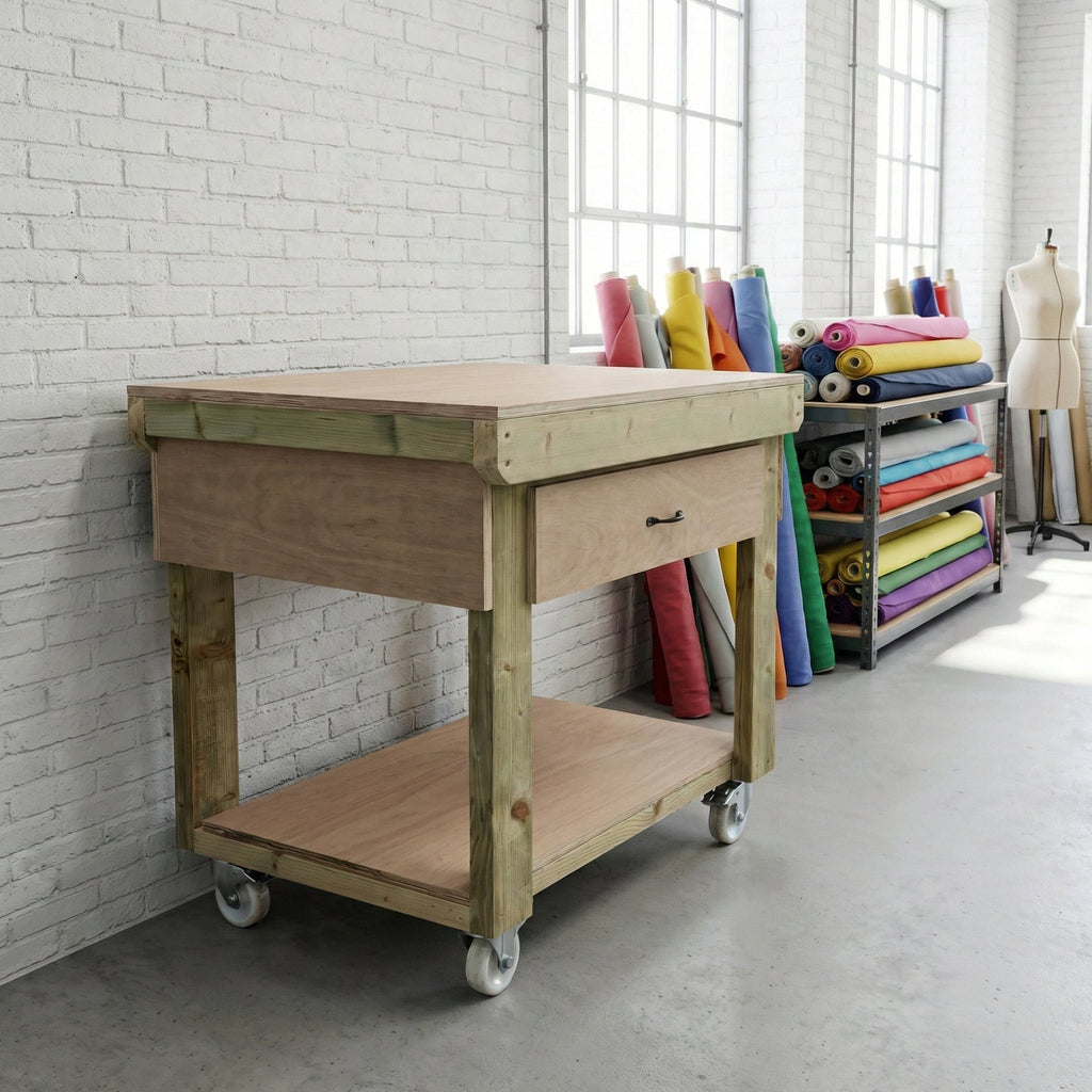 Wooden Eucalyptus hardwood workbench, tool cabinet with drawer (V.1) with wheels