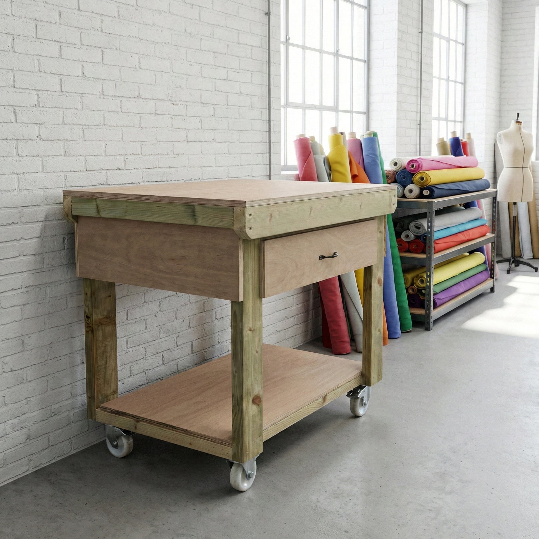 Wooden Eucalyptus hardwood workbench, tool cabinet with drawer (V.1) with wheels