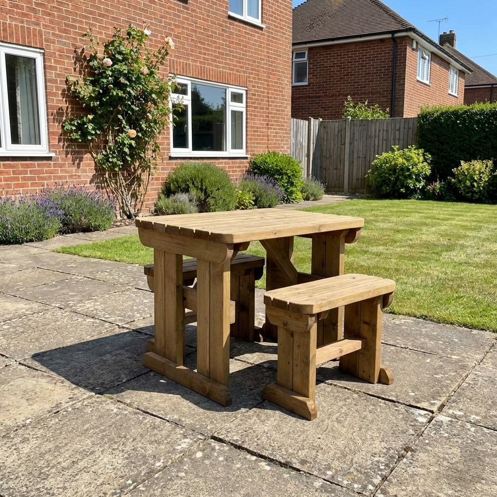 Yews Rounded Space Saving Picnic Table and Benches Set - Rustic Finish