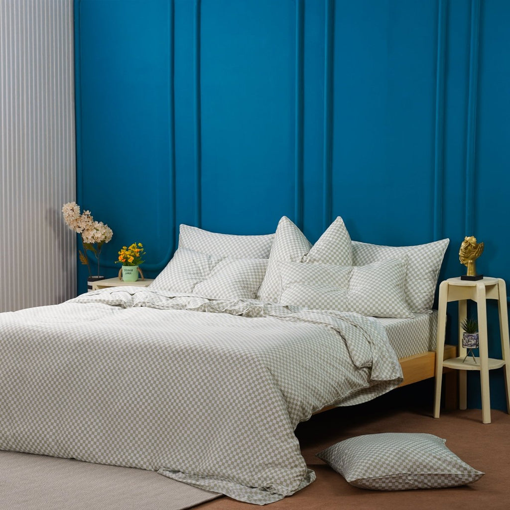 Ackly Bamboo - Sage Checkered Duvet Cover, Fitted Sheet & Pillowcases Set