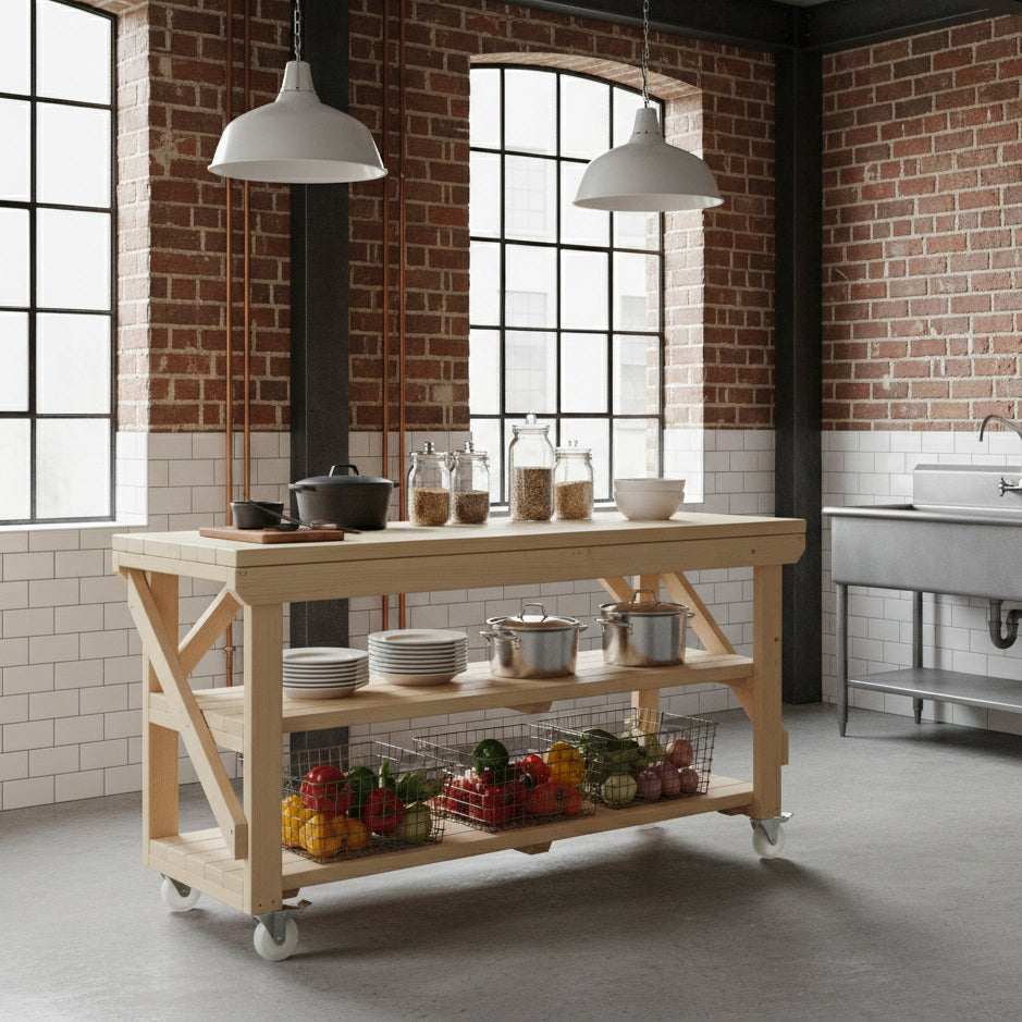 Acorn Wooden Workbench With Double Shelf and Wheels