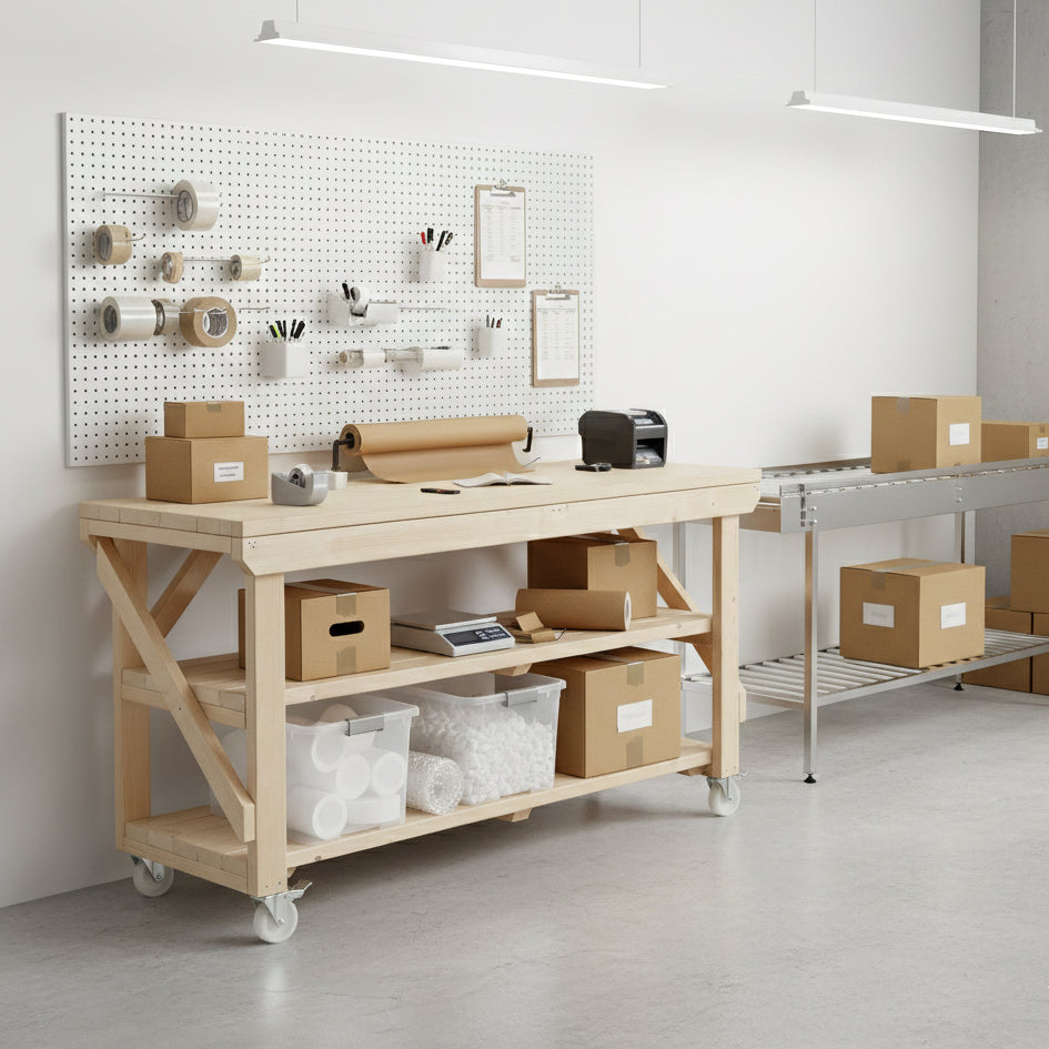 Acorn Wooden Workbench With Double Shelf and Wheels
