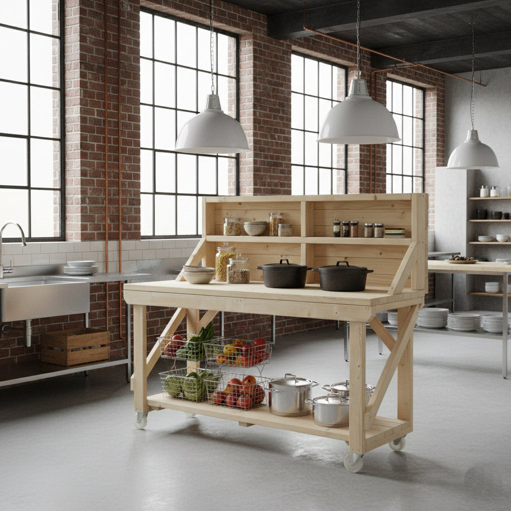 Acorn Wooden Workbench With Back Panel and Wheels