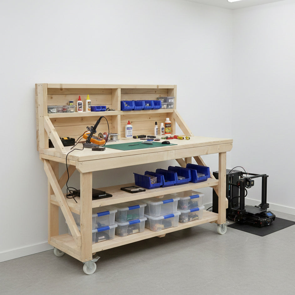 Acorn Wooden Workbench With Back Panel, Double Shelf and Wheels