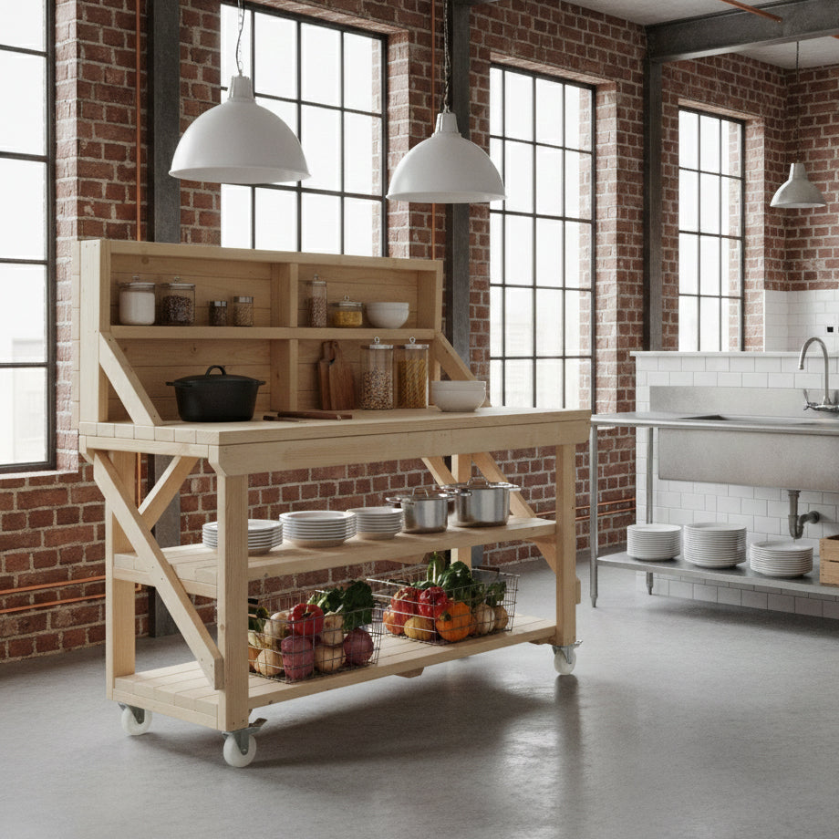Acorn Wooden Workbench With Back Panel, Double Shelf and Wheels